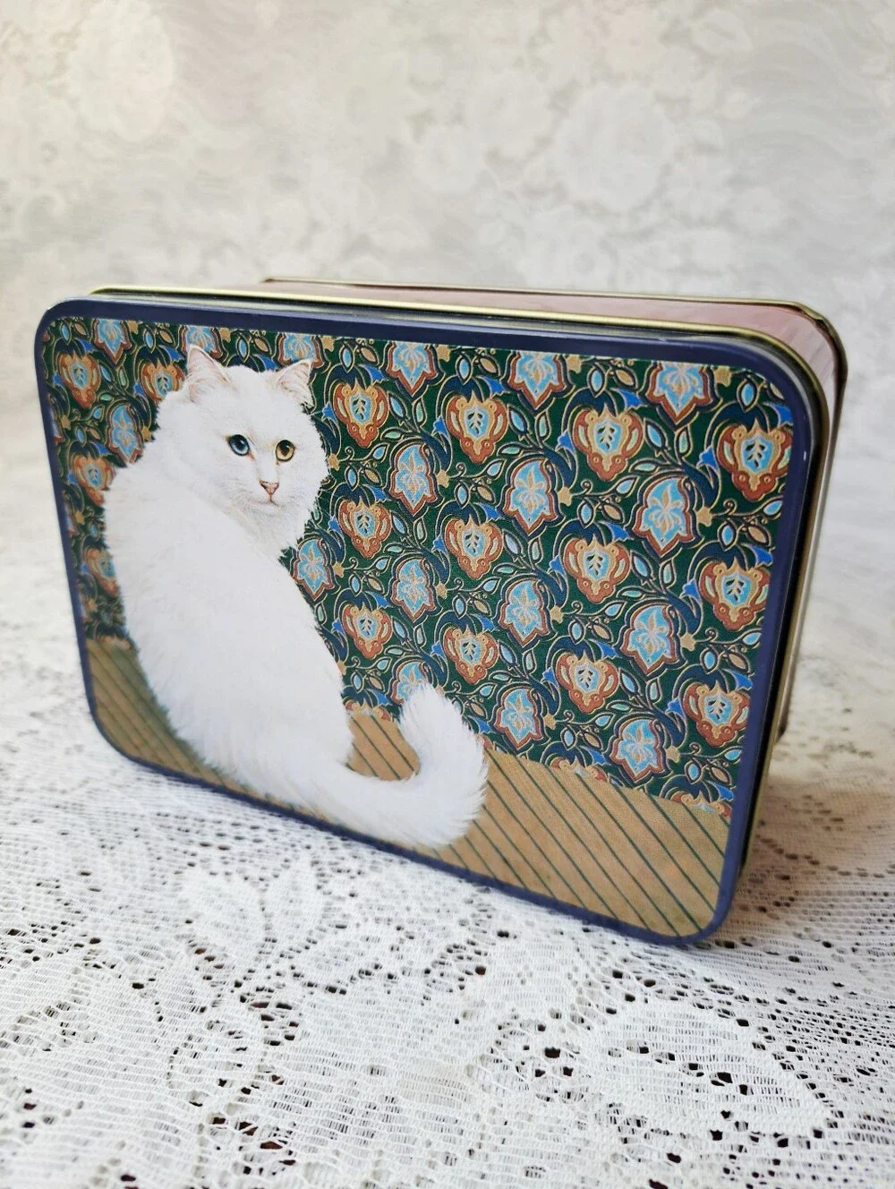 Vintage 80s Hallmark Springbok Cosmopolitan Cat Tin Metal Storage Box with Lid